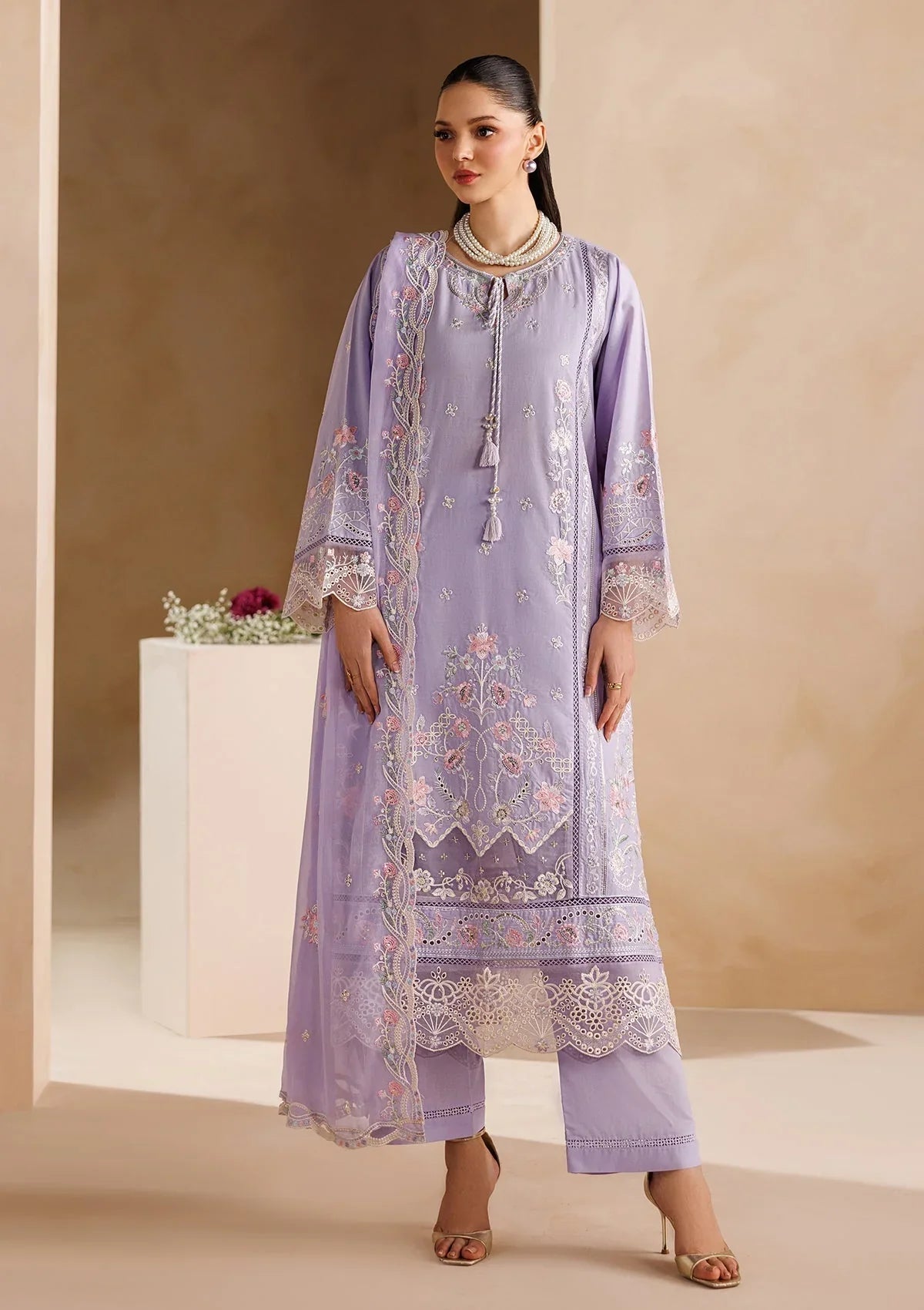 Dhanak-3PC Embroidered Shirt with Chiffon Embroidered Dupatta - 6407