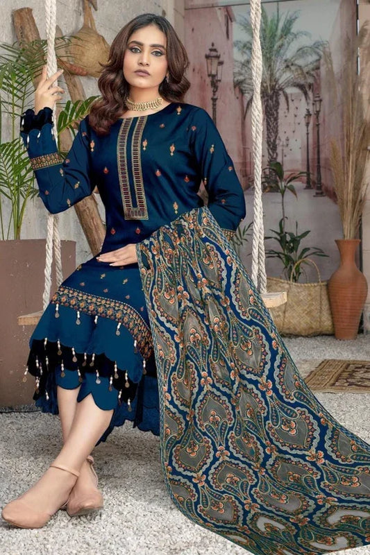 3PC UNSTITCHED DHANAK EMBROIDERED SHIRT WITH DHANAK WORK SHAWL EMBROIDERED DUPATTA ZS-110 B