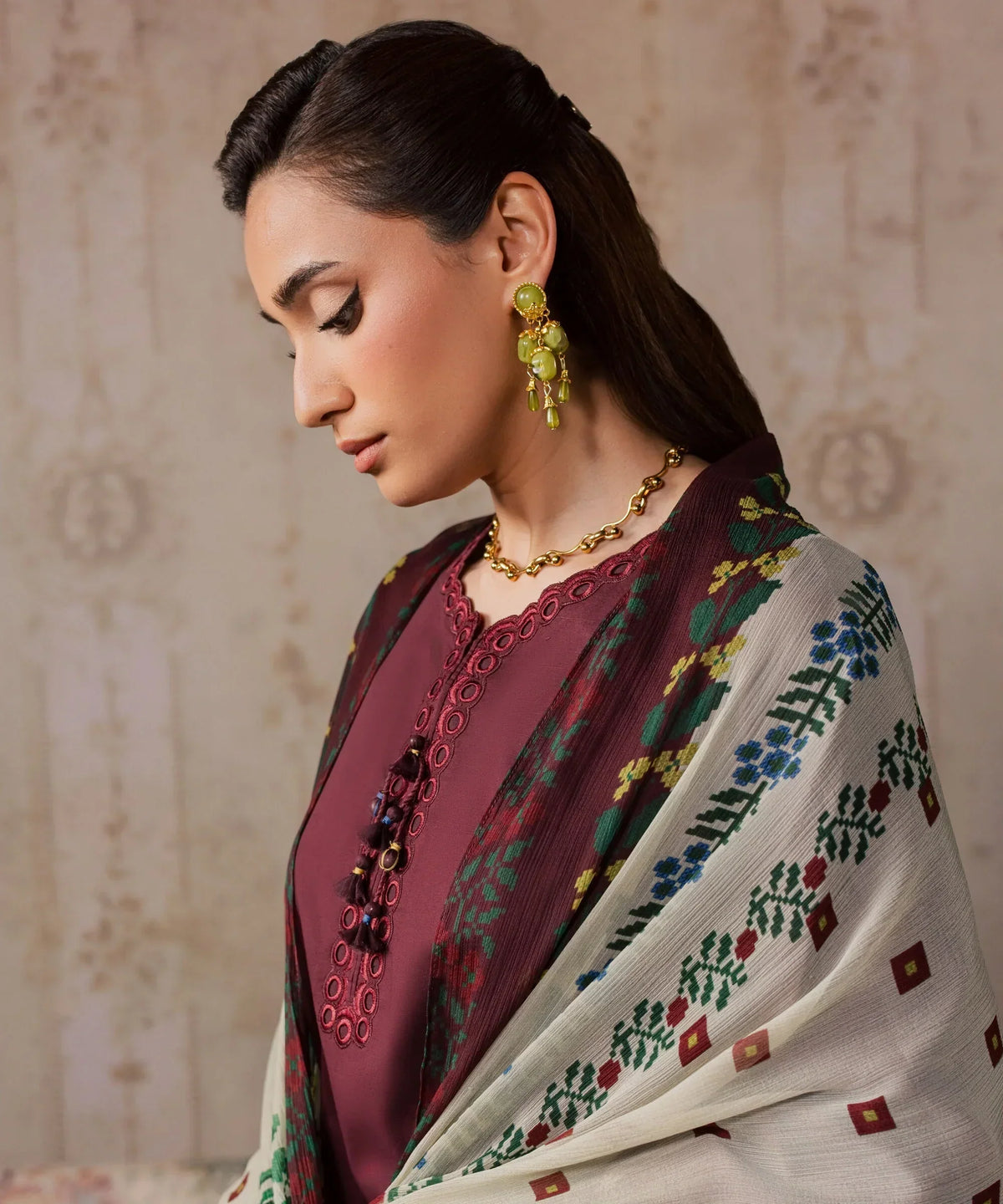 Dhanak-3PC Chikankari Embroidered Shirt with Digital Printed Shawl - 6457