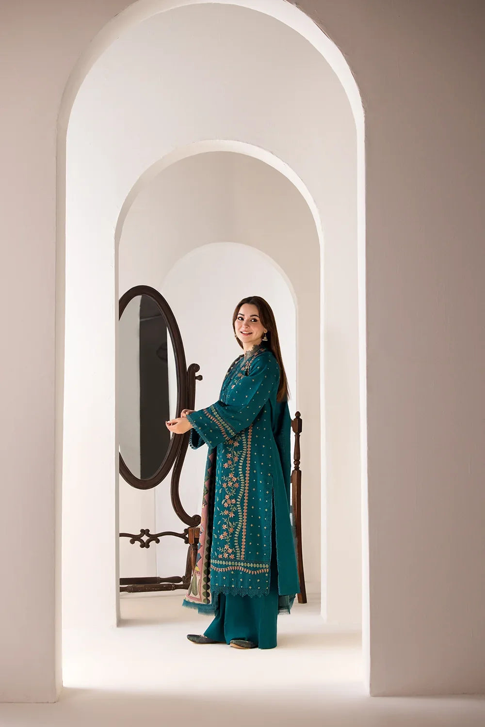 Dhanak-3PC Embroidered Shirt with Digital Printed Wool Shawl - 685
