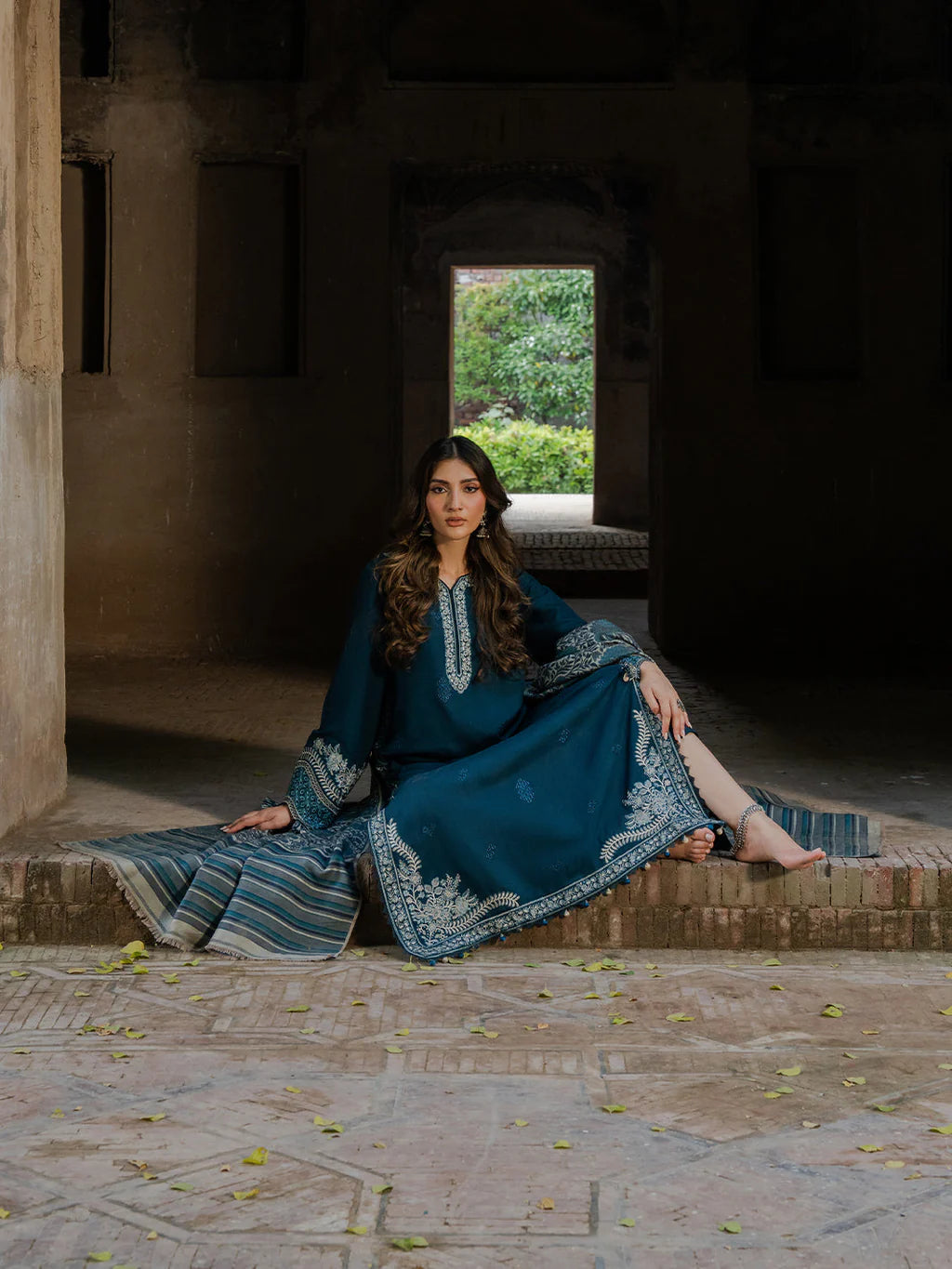 3PC DHANAK EMBROIDERED SHIRT WITH COURTRAI PRINTED SHAWL & TROUSER