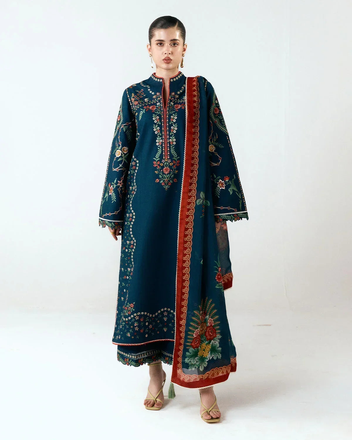 Dhanak-3PC Embroidered Shirt with Digital Printed Shawl- 6359