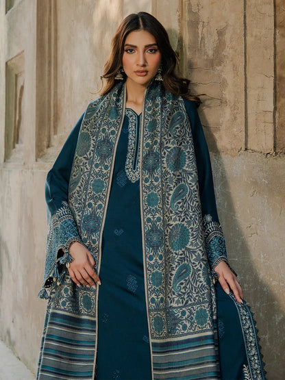 3PC DHANAK EMBROIDERED SHIRT WITH COURTRAI PRINTED SHAWL & TROUSER