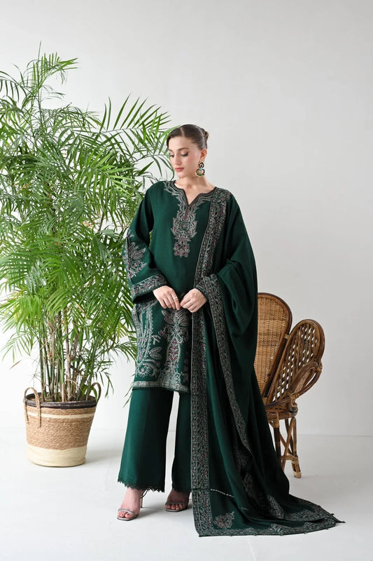 Dhanak-3PC Embroidered Shirt with Dhanak Embroidered Shawl - 3523