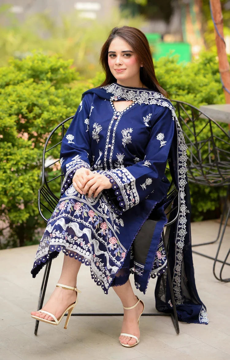 Dhanak-3PC Embroidered Shirt with Chiffon Embroidered Dupatta - 3460