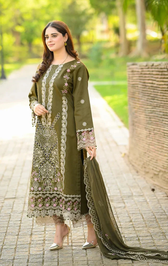 Dhanak-3PC Embroidered Shirt with Chiffon Embroidered Dupatta - 6449