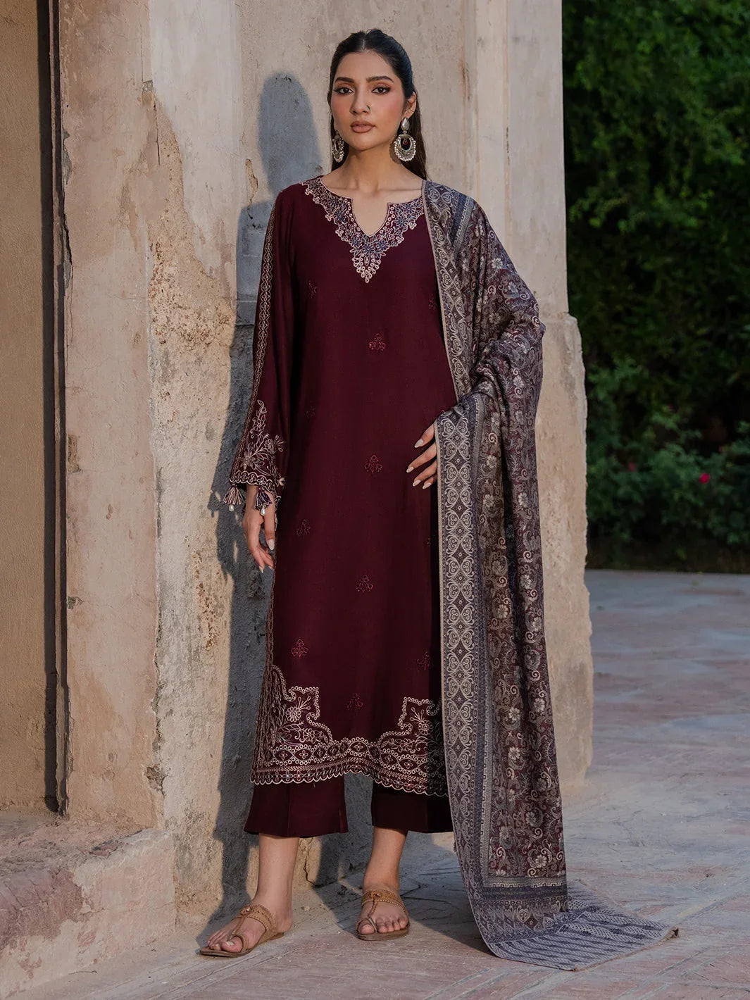 Dhanak-3PC Embroidered Shirt with Digital Printed Wool Shawl - 6047