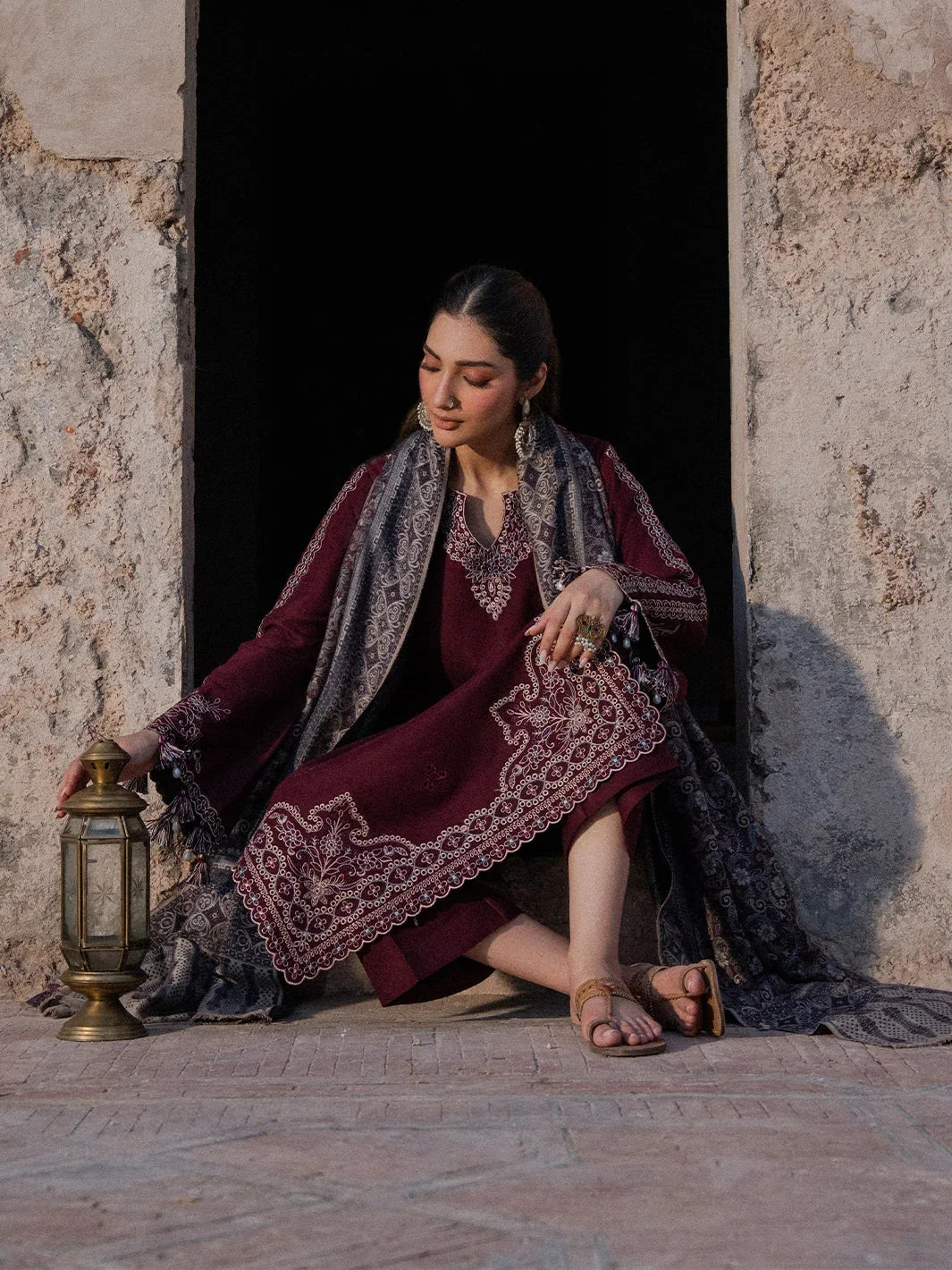 Dhanak-3PC Embroidered Shirt with Digital Printed Wool Shawl - 6047