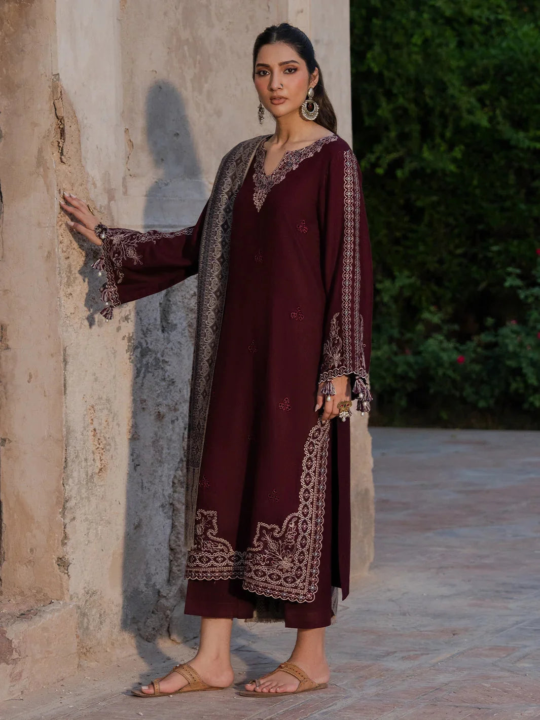 Dhanak-3PC Embroidered Shirt with Digital Printed Wool Shawl - 6047