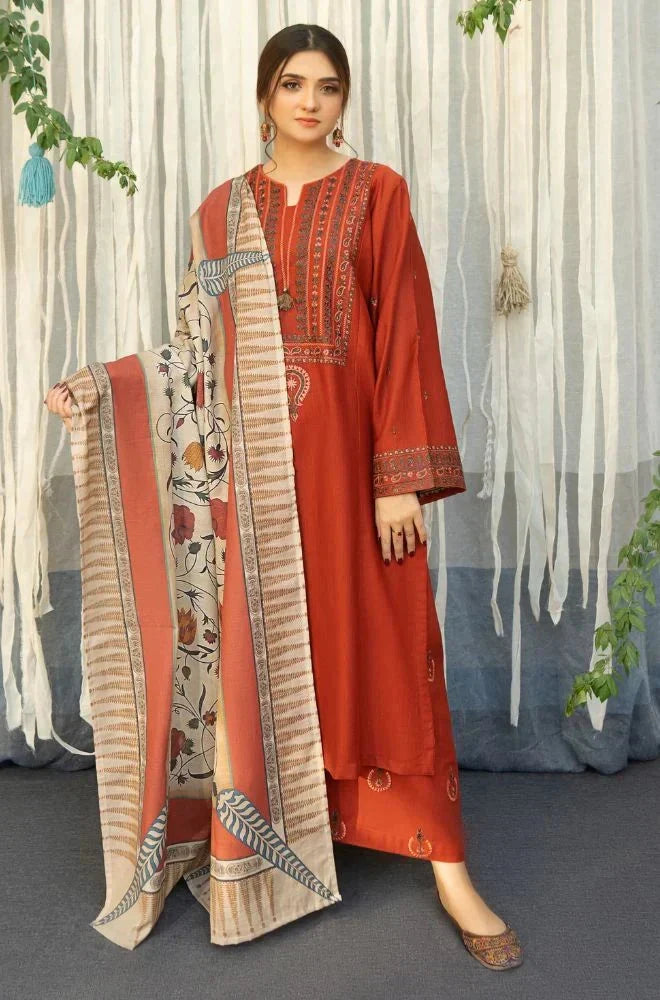 Dhanak-3PC Embroidered Shirt with Digital Printed Wool Shawl - 651