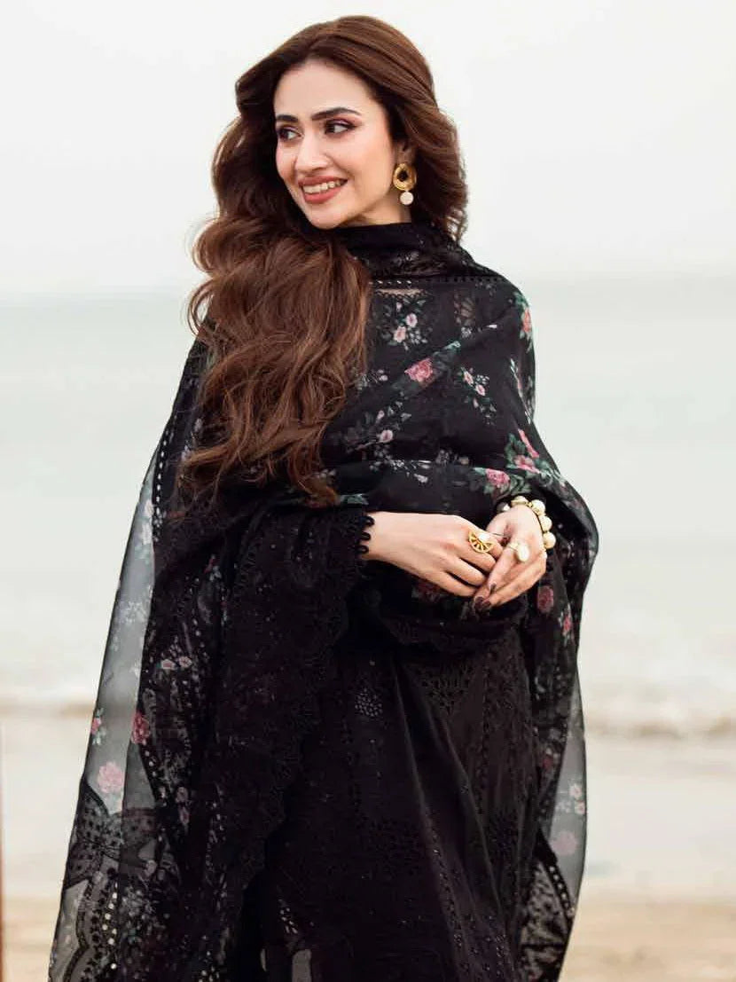 Dhanak-3PC Sequence Chikankari Embroidered Shirt with Printed Organza Dupatta - 3309