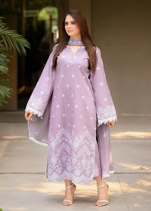 Dhanak-3PC Embroidered Shirt with Chiffon Embroidered Dupatta - 6136