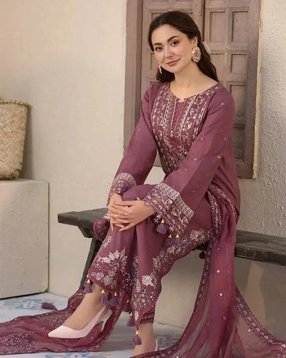 Dhanak-3PC Embroidered Shirt with Chiffon Embroidered Dupatta - 3286