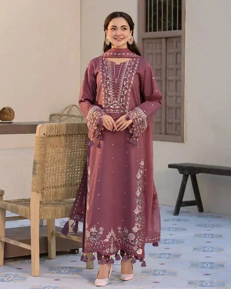 Dhanak-3PC Embroidered Shirt with Chiffon Embroidered Dupatta - 3286